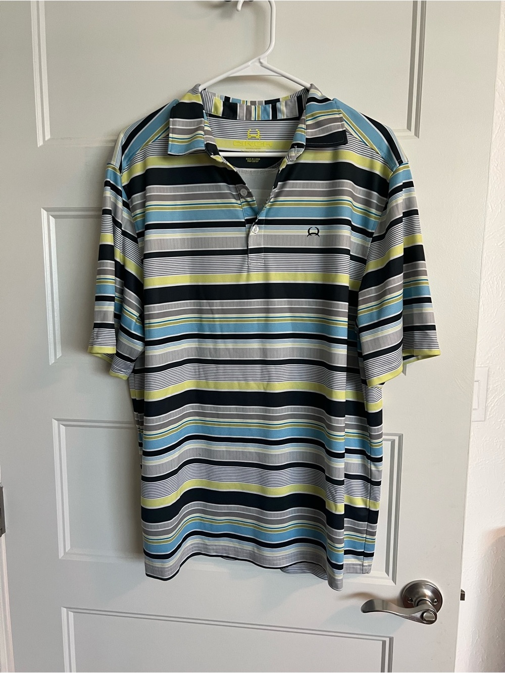 CINCH Men's Striped Polo Shirt in Blue, Black & Gray dri fit sz L
